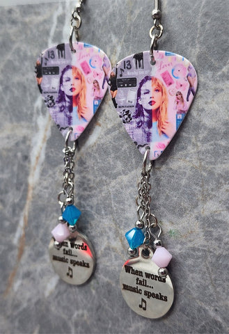 Taylor Swift Guitar Pick Earrings with Stainless Steel Text Charm and Swarovski Crystal Dangles