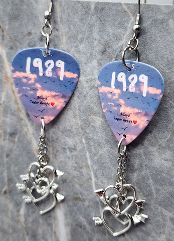 Taylor Swift 1989 Guitar Pick Earrings with Heart and Arrow Charm Dangles