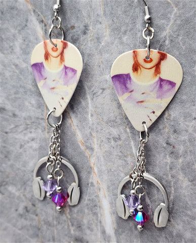 Taylor Swift 1989 Guitar Pick Earrings with Stainless Steel Headphones Charm and Swarovski Crystal Dangles