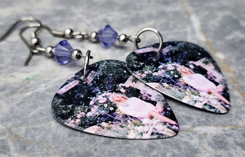 Taylor Swift Surrounded By Flowers Guitar Pick Earrings with Purple Swarovski Crystals