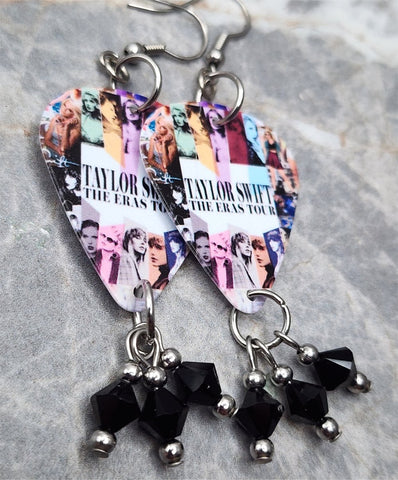 Taylor Swift The Eras Tour Guitar Pick Earrings with  Black Swarovski Crystal Dangles