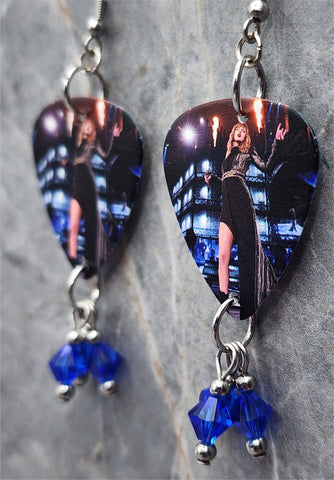 Taylor Swift Guitar Pick Earrings with Blue Swarovski Crystal Dangles