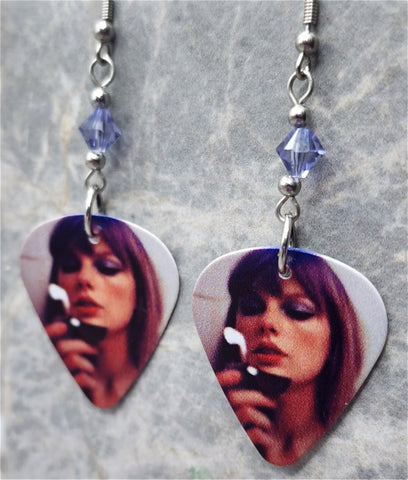 Taylor Swift Midnights Guitar Pick Earrings with Purple Swarovski Crystals