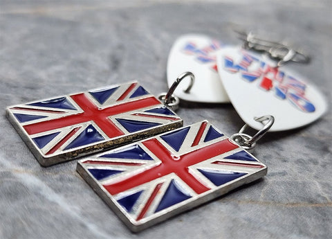 The Who Guitar Pick Earrings with British Flag Charm Dangles