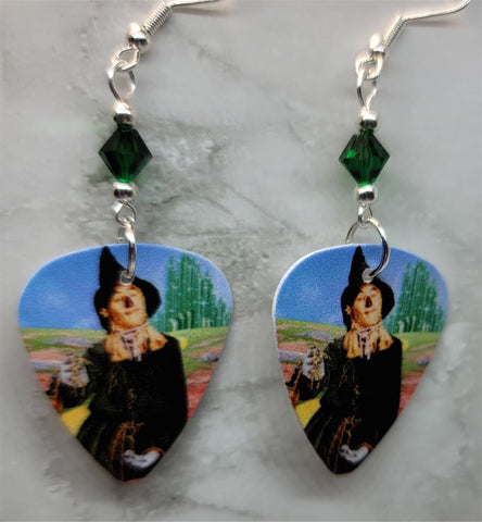 The Wizard of Oz Scarecrow Guitar Pick Earrings with Emerald Green Swarovski Crystals