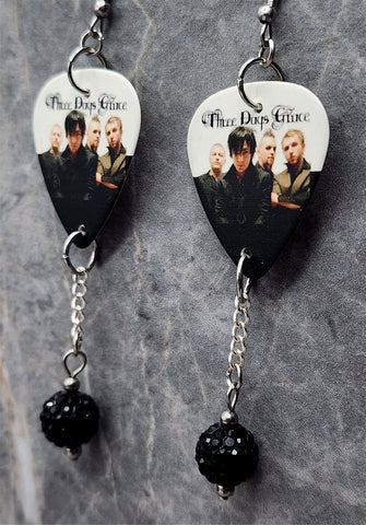 Three Days Grace Guitar Pick Earrings with Black Pave Bead Dangles