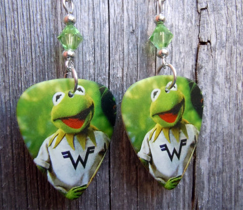 Weezer Keep Fishin Guitar Pick Earrings with Green Swarovski Crystals