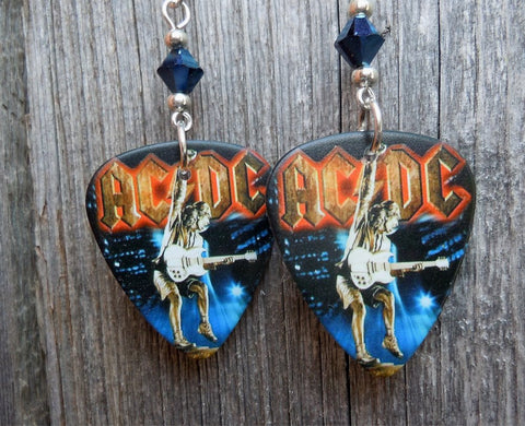 AC/DC Angus Young Guitar Pick Earrings with Metallic Blue Swarovski Crystals