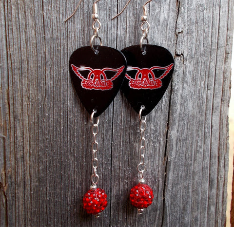 Aerosmith Guitar Pick Earrings with Red Pave Bead Dangles