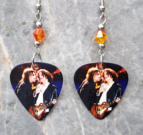 Steven Tyler and Joe Perry of Aerosmith Guitar Pick Earrings with Fire Opal Swarovski Crystals