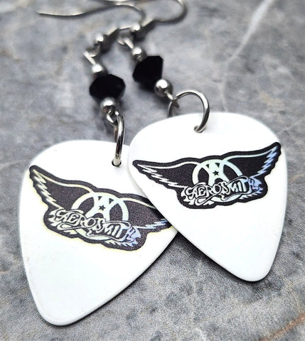 Aerosmith White Guitar Pick Earrings with Black Swarovski Crystals