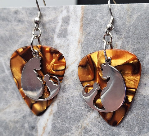 Cat and Kitten Stainless Steel Charm Guitar Pick Earrings - Pick Your Color