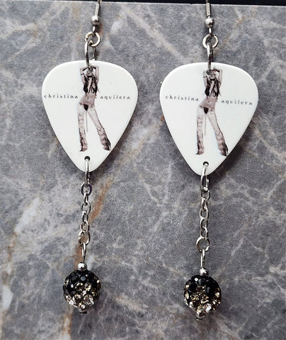 Christina Aguilera Dirrty Guitar Pick Earrings with Black to White Ombre Pave Bead Dangles