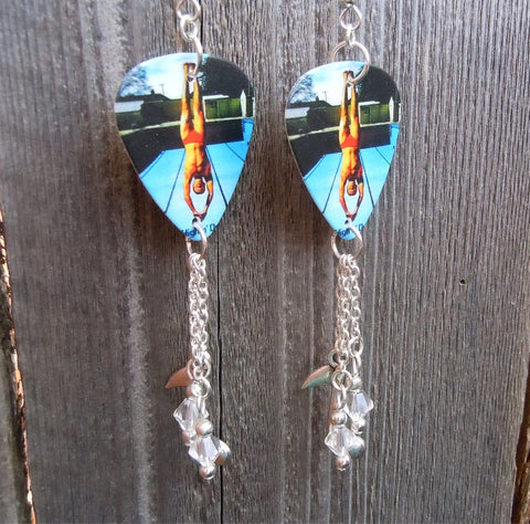 Def Leppard High n' Dry Guitar Pick Earrings with Music Note Charm and Clear Swarovski Crystal Dangles