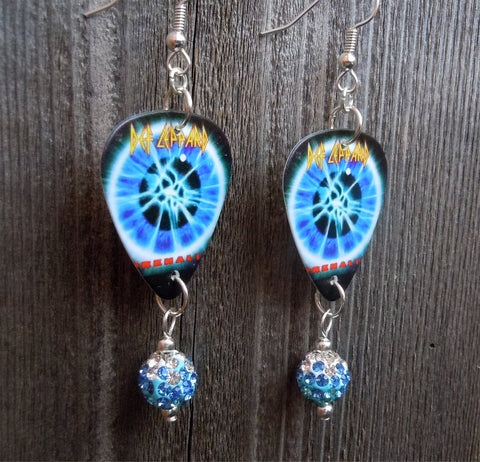 Def Leppard Adrenalize Guitar Pick Earrings with Blue Ombre Pave Bead Dangles