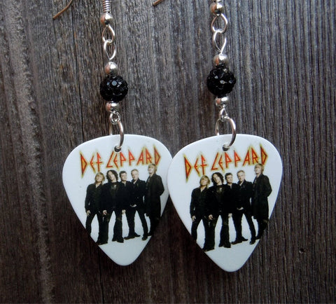 Def Leppard Group Picture with Logo Guitar Pick Earrings with Black Pave Beads