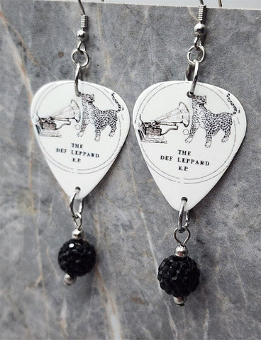 The Def Leppard E.P. Guitar Pick Earrings with Black Pave Bead Dangles