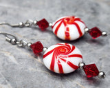 Red and White Peppermint Candy Lentil Style Glass Bead Earrings with Red Swarovski Crystals