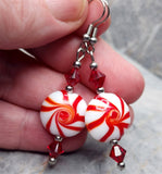 Red and White Peppermint Candy Lentil Style Glass Bead Earrings with Red Swarovski Crystals