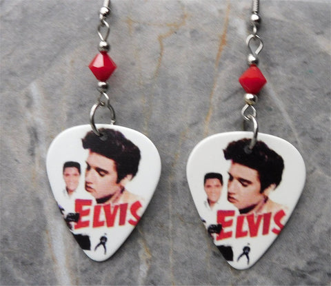 Elvis The King Guitar Pick Earrings with Red Swarovski Crystals