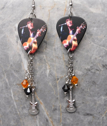 Elvis Performing Guitar Pick Earrings with Stainless Steel Guitar Charm and Swarovski Crystal Dangles