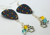 Colorful Paw Print Guitar Pick Earrings with Charm and Swarovski Crystal Dangles