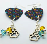 Colorful Paw Print Guitar Pick Earrings with Charm and Swarovski Crystal Dangles