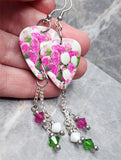 Pink and White Tulip Guitar Pick Earrings with Swarovski Crystal Dangles