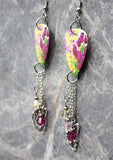 Vibrant Flower Guitar Pick Earrings with Butterfly Charm and Swarovski Crystal Dangles