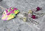 Vibrant Flower Guitar Pick Earrings with Butterfly Charm and Swarovski Crystal Dangles