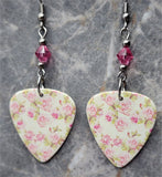 Pink Rose Guitar Pick Earrings with Pink Swarovski Crystal Dangles