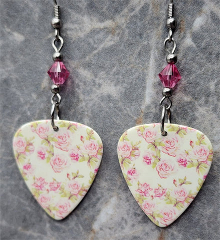 Pink Rose Guitar Pick Earrings with Pink Swarovski Crystal Dangles