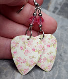 Pink Rose Guitar Pick Earrings with Pink Swarovski Crystal Dangles