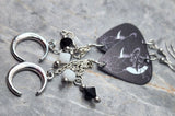 Witchy Black Cat and Quarter Moon Guitar Pick Earrings with Charm and Swarovski Crystal Dangles