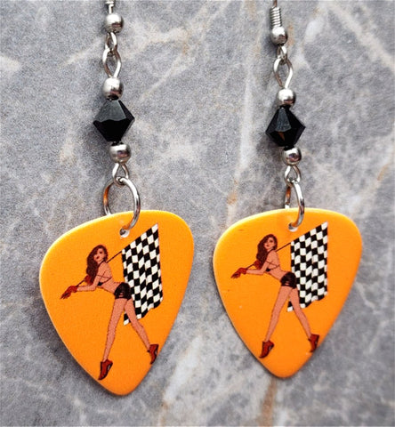 Posh Pin Up Racing Girl Guitar Pick Earrings with Black Swarovski Crystals