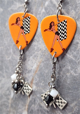 Posh Pin Up Racing Girl Guitar Pick Earrings with Charm and Swarovski Crystal Dangles