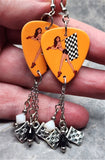 Posh Pin Up Racing Girl Guitar Pick Earrings with Charm and Swarovski Crystal Dangles