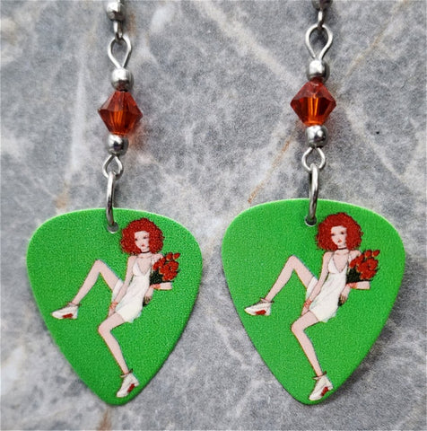 Posh Pin Up Girl with Flowers Guitar Pick Earrings with Indian Red Swarovski Crystals