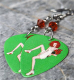 Posh Pin Up Girl with Flowers Guitar Pick Earrings with Indian Red Swarovski Crystals