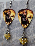 Woman Riding a Horse Guitar Pick Earrings with Yellow Swarovski Crystal Dangles