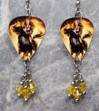 Woman Riding a Horse Guitar Pick Earrings with Yellow Swarovski Crystal Dangles