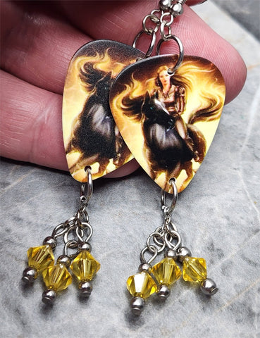 Woman Riding a Horse Guitar Pick Earrings with Yellow Swarovski Crystal Dangles