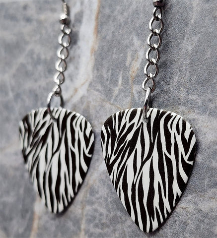 Zebra Patterned Dangling Guitar Pick Earrings