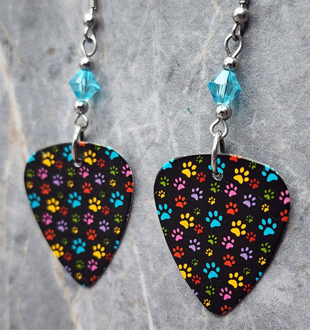 Colorful Paw Print Guitar Pick Earrings with Turquoise Swarovski Crystals