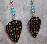 Colorful Paw Print Guitar Pick Earrings with Turquoise Swarovski Crystals