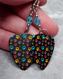 Colorful Paw Print Guitar Pick Earrings with Turquoise Swarovski Crystals
