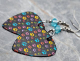 Colorful Paw Print Guitar Pick Earrings with Turquoise Swarovski Crystals
