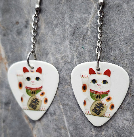 Dangling Lucky Cat White Guitar Pick Earrings