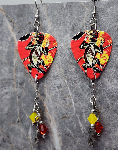 Australian Aboriginal Style Art Lizard Guitar Pick Earrings with Charm and Swarovski Crystal Dangles
