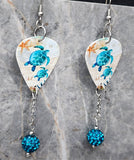 Sea Turtle Guitar Pick Earrings with Teal Pave Bead Dangles